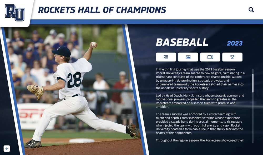 A sample baseball season page pairs a player photograph with the team's season story